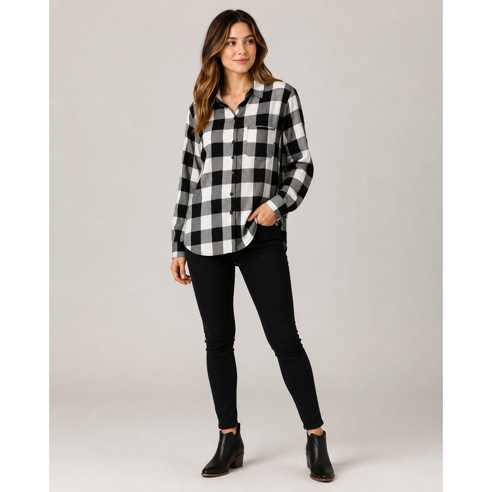 Madewell Button Front Shirt‎ Small Slim Fit White Black Buffalo Plaid Viscose